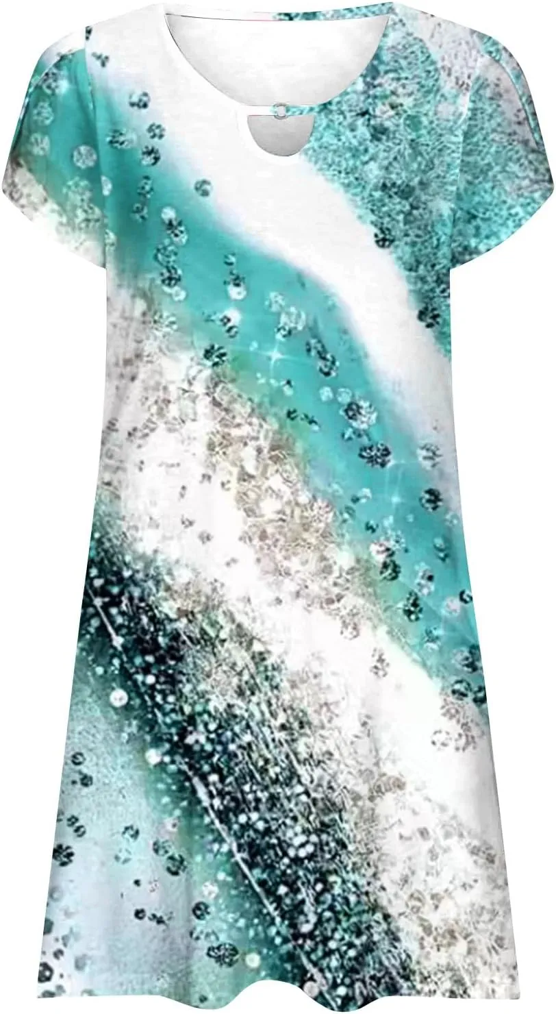 Women's Casual Summer A-Line Dresses Beach Floral Tshirt Dress Short Sleeve Mini Dress Flowy Sundresses