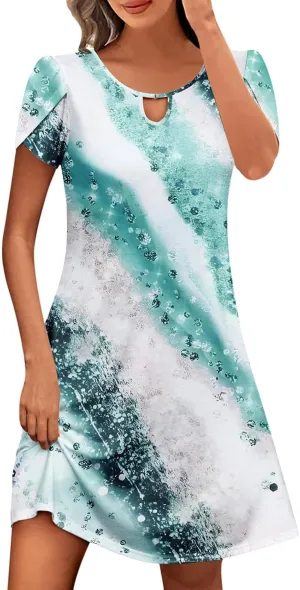 Women's Casual Summer A-Line Dresses Beach Floral Tshirt Dress Short Sleeve Mini Dress Flowy Sundresses
