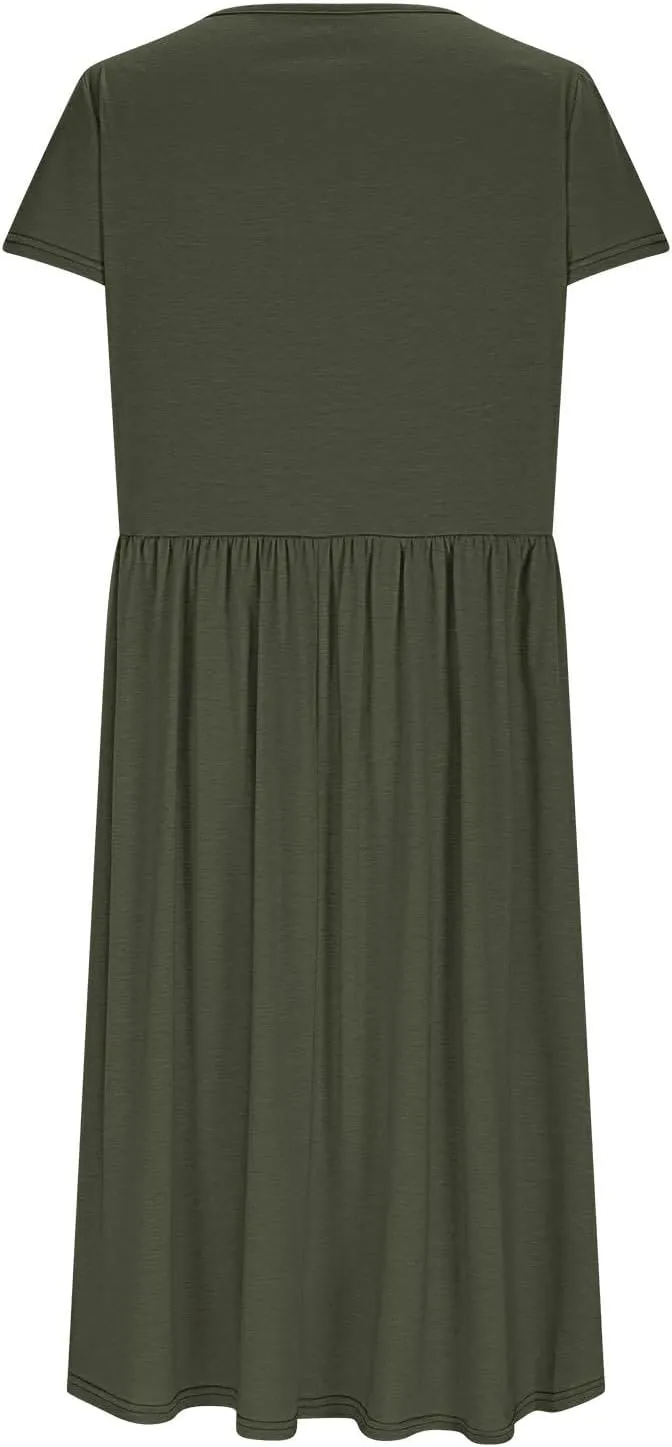 Women's Casual Summer Maxi Dress Spring Petal Short Sleeve Tshirt Dress with Pockets A Line Vacation Beach Sundress