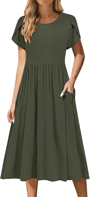 Women's Casual Summer Maxi Dress Spring Petal Short Sleeve Tshirt Dress with Pockets A Line Vacation Beach Sundress