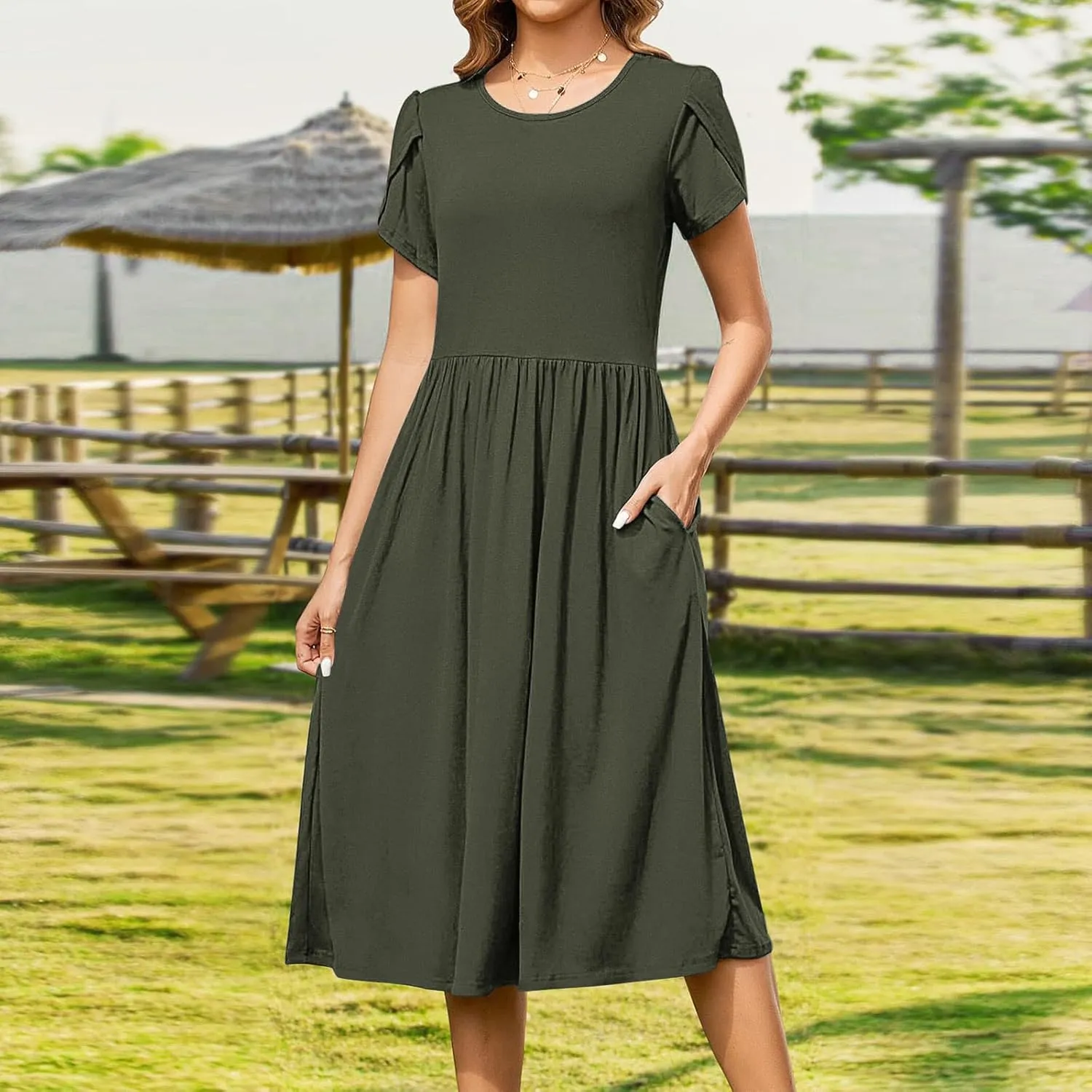 Women's Casual Summer Maxi Dress Spring Petal Short Sleeve Tshirt Dress with Pockets A Line Vacation Beach Sundress