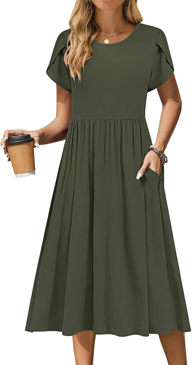 Women's Casual Summer Maxi Dress Spring Petal Short Sleeve Tshirt Dress with Pockets A Line Vacation Beach Sundress