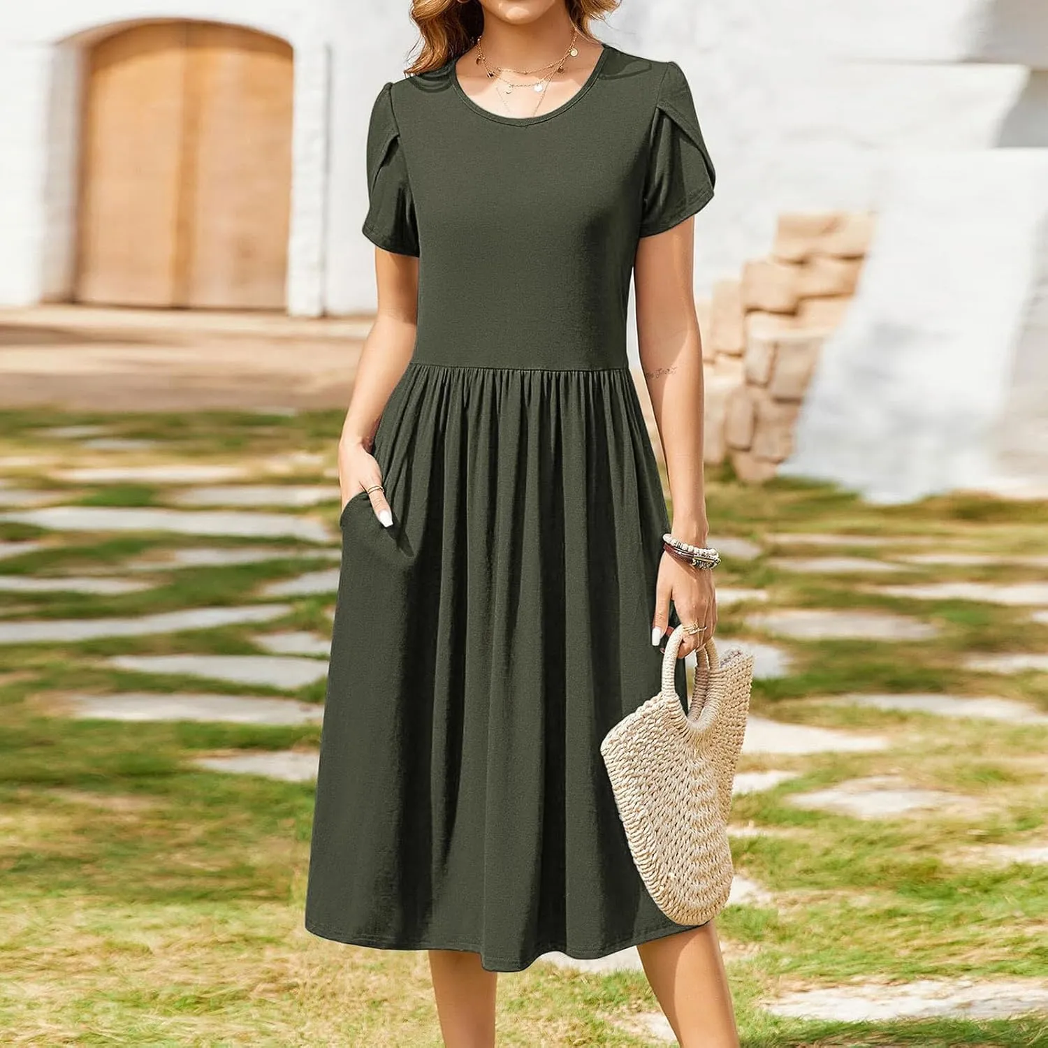 Women's Casual Summer Maxi Dress Spring Petal Short Sleeve Tshirt Dress with Pockets A Line Vacation Beach Sundress