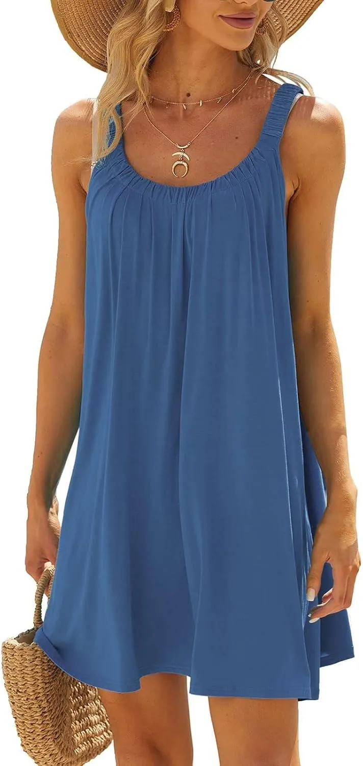 Womens Causal Summer Dress Beach Dress Sleeveless Waist Tie Front Bikini A- Line Mini Short Sun Dresses Beachwear