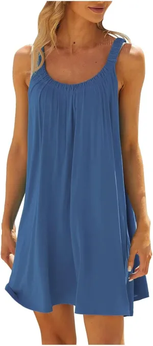 Womens Causal Summer Dress Beach Dress Sleeveless Waist Tie Front Bikini A- Line Mini Short Sun Dresses Beachwear