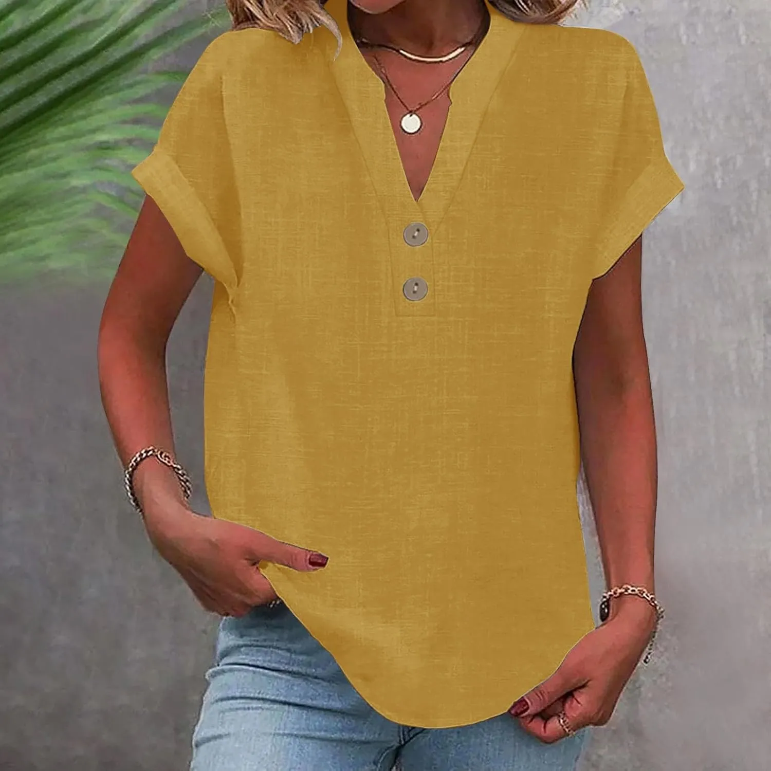 Women's Cotton Linen Cap Sleeve T-Shirt Half Button V Neck Tunic Tops Lounge Baggy 2025 Solid Color Summer Blouses