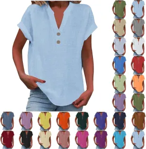 Women's Cotton Linen Cap Sleeve T-Shirt Half Button V Neck Tunic Tops Lounge Baggy 2025 Solid Color Summer Blouses