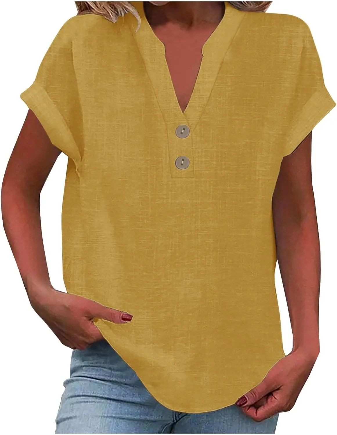 Women's Cotton Linen Cap Sleeve T-Shirt Half Button V Neck Tunic Tops Lounge Baggy 2025 Solid Color Summer Blouses