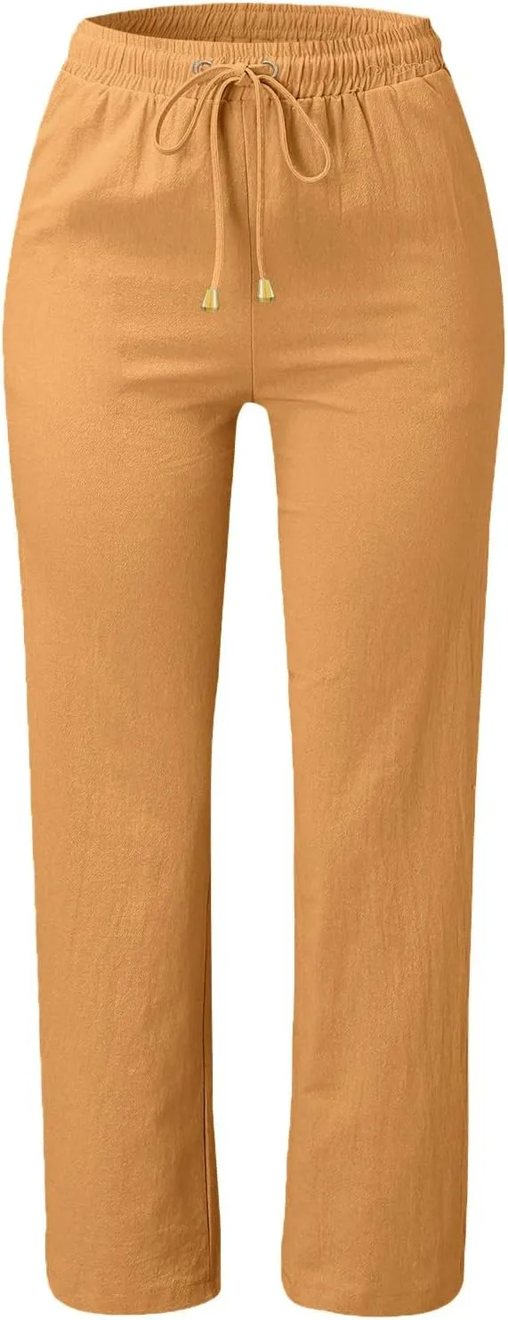 Women's Cotton Linen Straight Leg Pants Casual Summer Loose Sweatpants Tapered Ankle Capris Cropped Beach Trousers