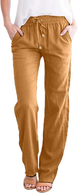 Women's Cotton Linen Straight Leg Pants Casual Summer Loose Sweatpants Tapered Ankle Capris Cropped Beach Trousers