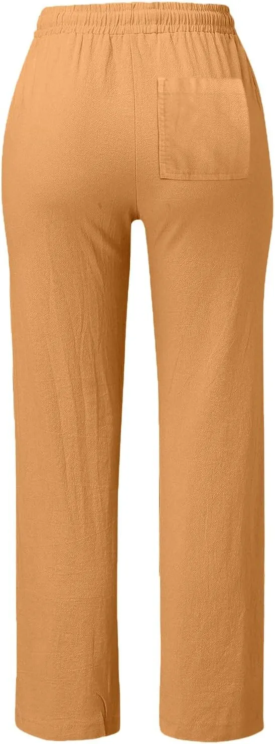 Women's Cotton Linen Straight Leg Pants Casual Summer Loose Sweatpants Tapered Ankle Capris Cropped Beach Trousers