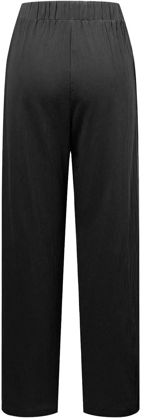 Womens Cotton Linen Summer Lightweigt Pants Elastic Waisted Stretchy Slim-Fit Pant Trousers Trendy