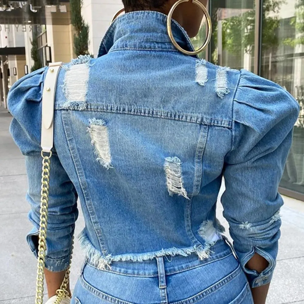 Women's Cute Elegant Solid Color Puff Sleeve Slim Fit Cropped Denim Jacket Casual Button Down Frayed Coat