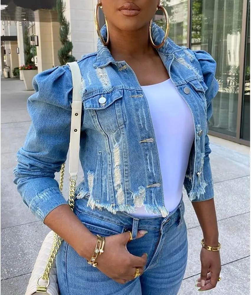 Women's Cute Elegant Solid Color Puff Sleeve Slim Fit Cropped Denim Jacket Casual Button Down Frayed Coat