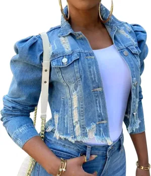 Women's Cute Elegant Solid Color Puff Sleeve Slim Fit Cropped Denim Jacket Casual Button Down Frayed Coat