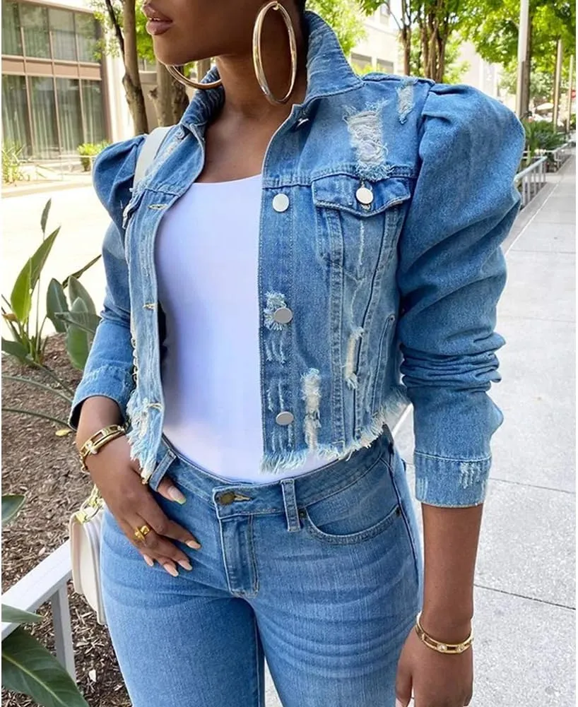 Women's Cute Elegant Solid Color Puff Sleeve Slim Fit Cropped Denim Jacket Casual Button Down Frayed Coat