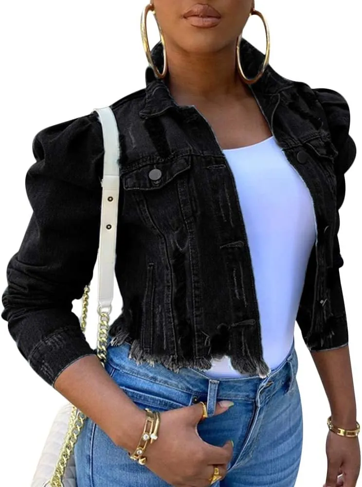 Women's Cute Elegant Solid Color Puff Sleeve Slim Fit Cropped Denim Jacket Casual Button Down Frayed Coat