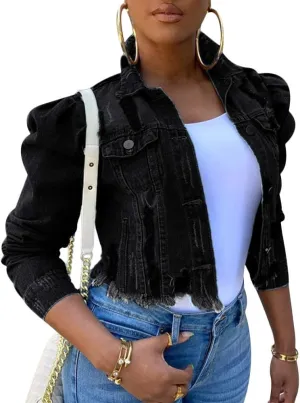 Women's Cute Elegant Solid Color Puff Sleeve Slim Fit Cropped Denim Jacket Casual Button Down Frayed Coat