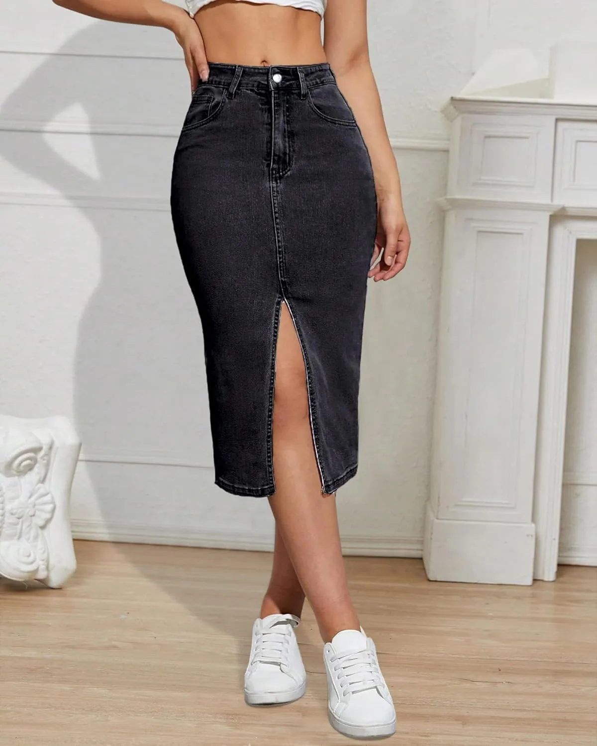 Womens Denim Pencil Skirts Mid Long High Waist A line Midi Jean Skirt Split Hem Skirts for Ladies.