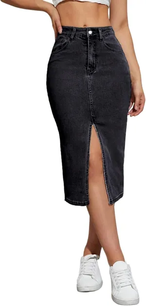 Womens Denim Pencil Skirts Mid Long High Waist A line Midi Jean Skirt Split Hem Skirts for Ladies.