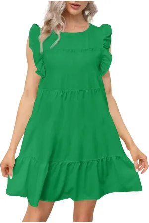 Women's Dress Ruffled Sleeve Graduation Dresses Solid Color Round Neck Short Summer Dress Vacation, S-5XL