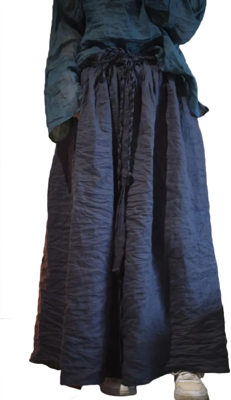 Women's Elegant Ramie Linen Hand Woven Tie Elastic Waist A-Line Long Midi Skirt