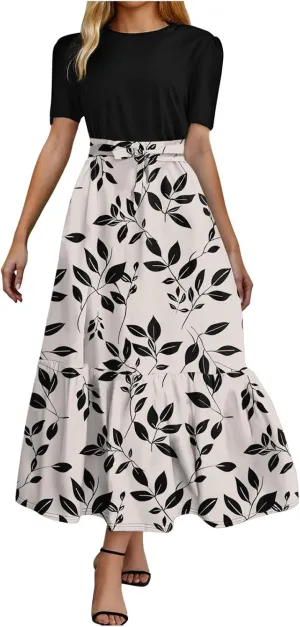 Women's Elegant Vintage High Waist Floral Print Crew Neck Maxi Dress Short Sleeve Casual Patchwork Ruffle Hem A Line Dress