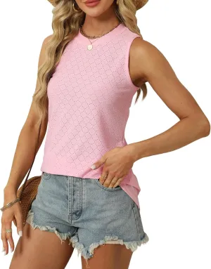 Womens Eyelet Dressy Casual Sleeveless Tank Tops Loose Crew High Neck Spring Summer Blouses Shirts for Women 2024