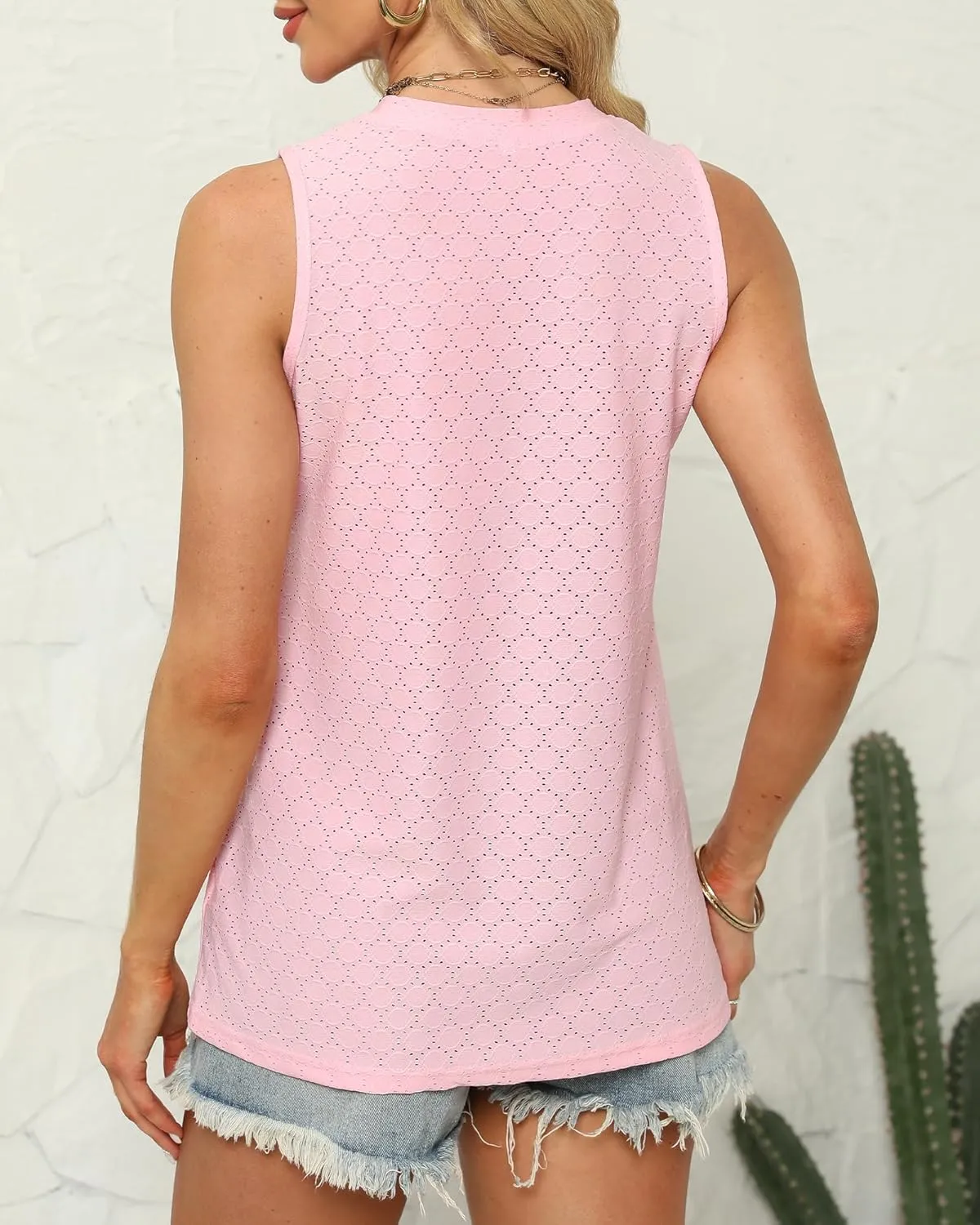 Womens Eyelet Dressy Casual Sleeveless Tank Tops Loose Crew High Neck Spring Summer Blouses Shirts for Women 2024