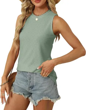 Womens Eyelet Dressy Casual Sleeveless Tank Tops Loose Crew High Neck Spring Summer Blouses Shirts for Women 2024