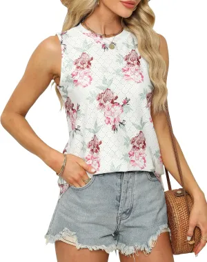 Womens Eyelet Dressy Casual Sleeveless Tank Tops Loose Crew High Neck Spring Summer Blouses Shirts for Women 2024