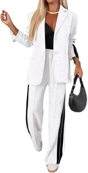 Womens Fall 2 Piece Blazer Set Oversized Jacket Wide Leg Pants Sets Lapel Button Up Blazers Business Casual Outfits Set