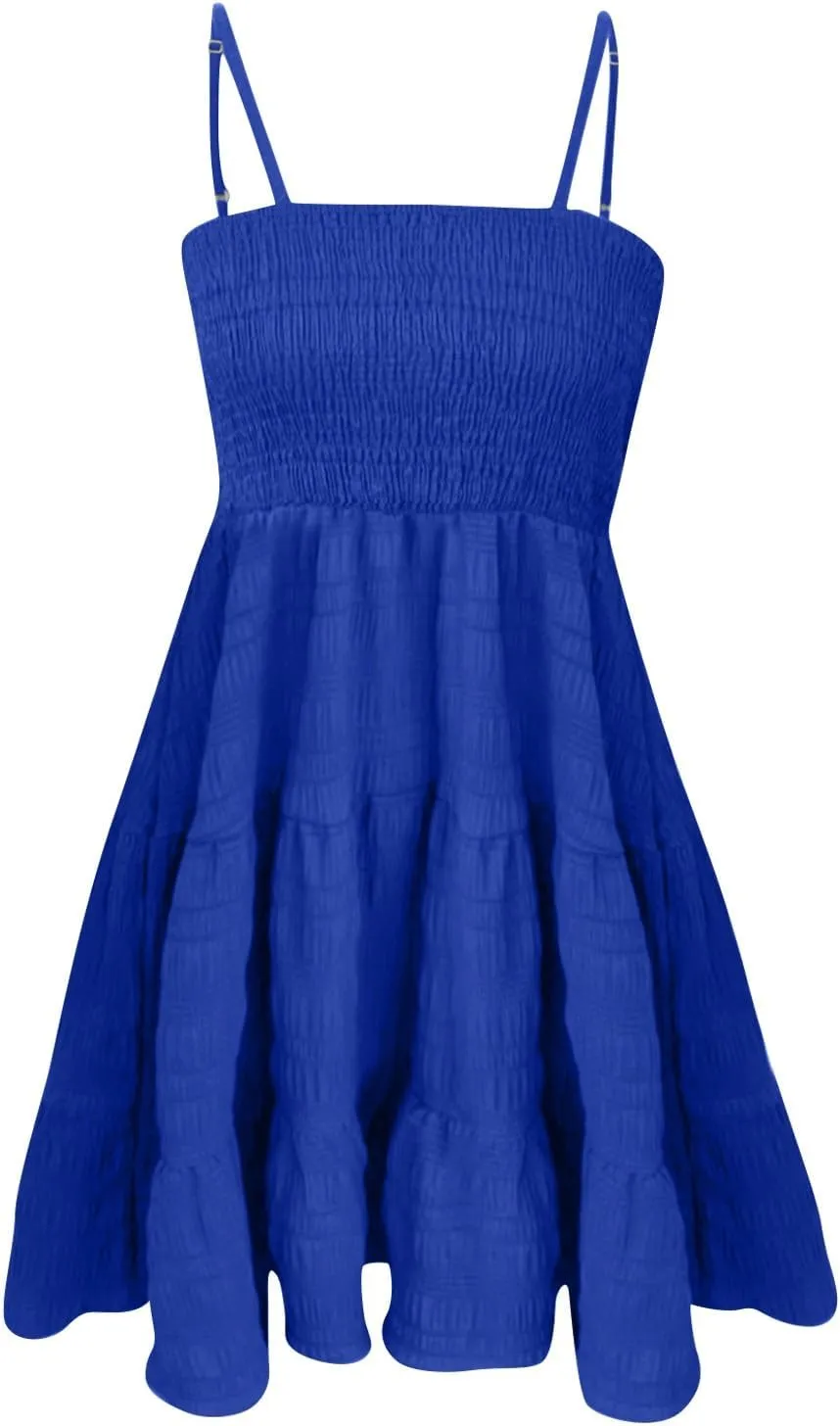 Women's Floral Dress Sleeveless Spaghetti Strap Square Neck Solid Color Ruffle Summer Boho A Line Dress, S-2XL
