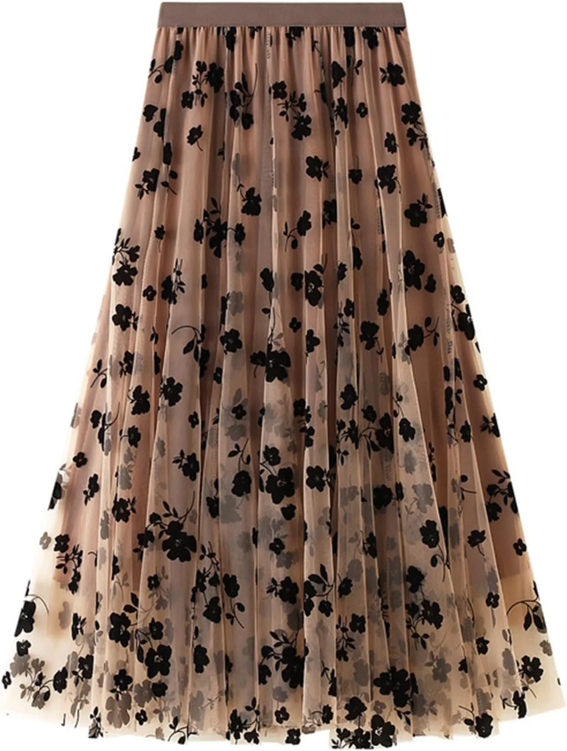 Women's Floral Embroidered Tulle Midi Skirt Elegant High Waisted A Line Layered Pleated Mesh Skirt