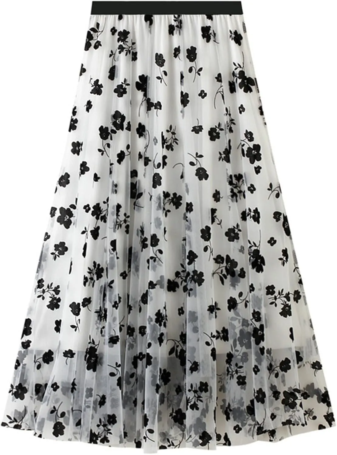 Women's Floral Embroidered Tulle Midi Skirt Elegant High Waisted A Line Layered Pleated Mesh Skirt