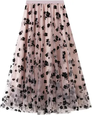Women's Floral Embroidered Tulle Midi Skirt Elegant High Waisted A Line Layered Pleated Mesh Skirt