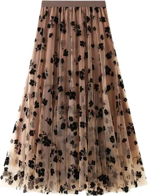 Women's Floral Embroidered Tulle Midi Skirt Elegant High Waisted A Line Layered Pleated Mesh Skirt