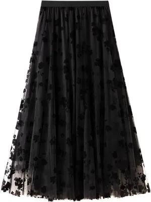 Women's Floral Embroidered Tulle Midi Skirt Elegant High Waisted A Line Layered Pleated Mesh Skirt