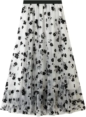 Women's Floral Embroidered Tulle Midi Skirt Elegant High Waisted A Line Layered Pleated Mesh Skirt