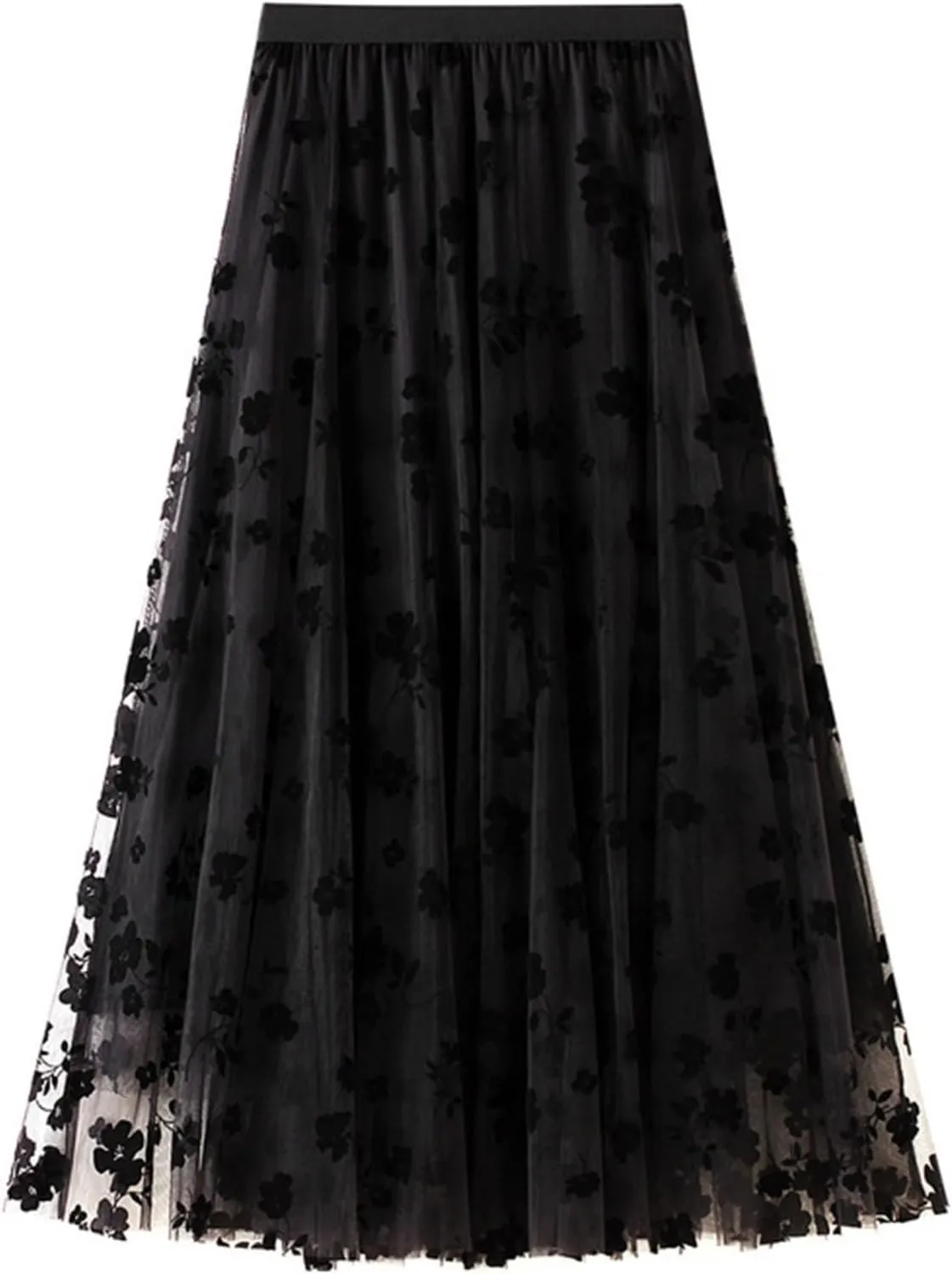 Women's Floral Embroidered Tulle Midi Skirt Elegant High Waisted A Line Layered Pleated Mesh Skirt