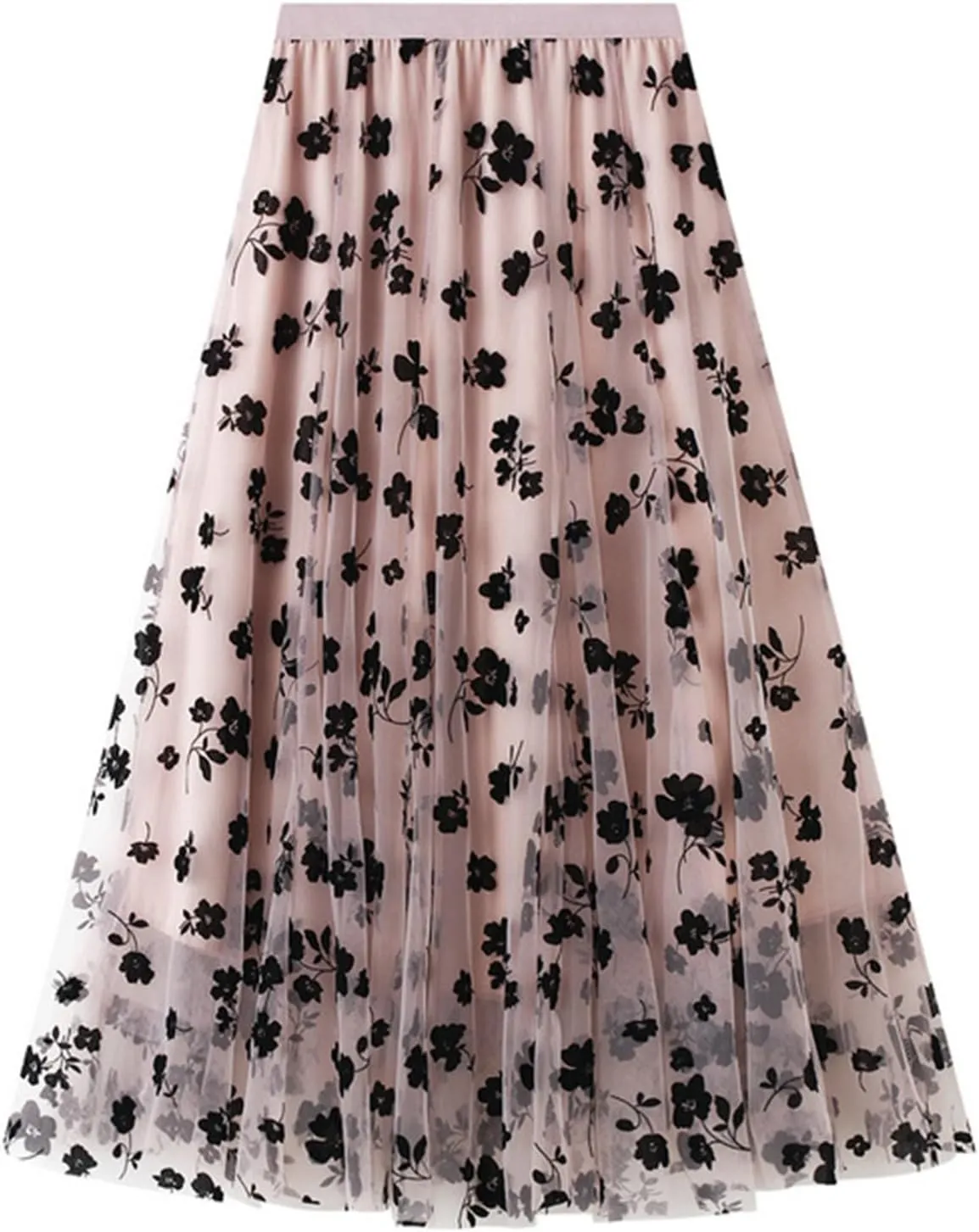 Women's Floral Embroidered Tulle Midi Skirt Elegant High Waisted A Line Layered Pleated Mesh Skirt