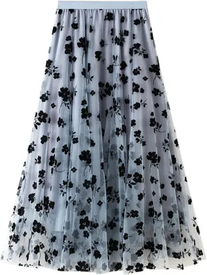 Women's Floral Embroidered Tulle Midi Skirt Elegant High Waisted A Line Layered Pleated Mesh Skirt