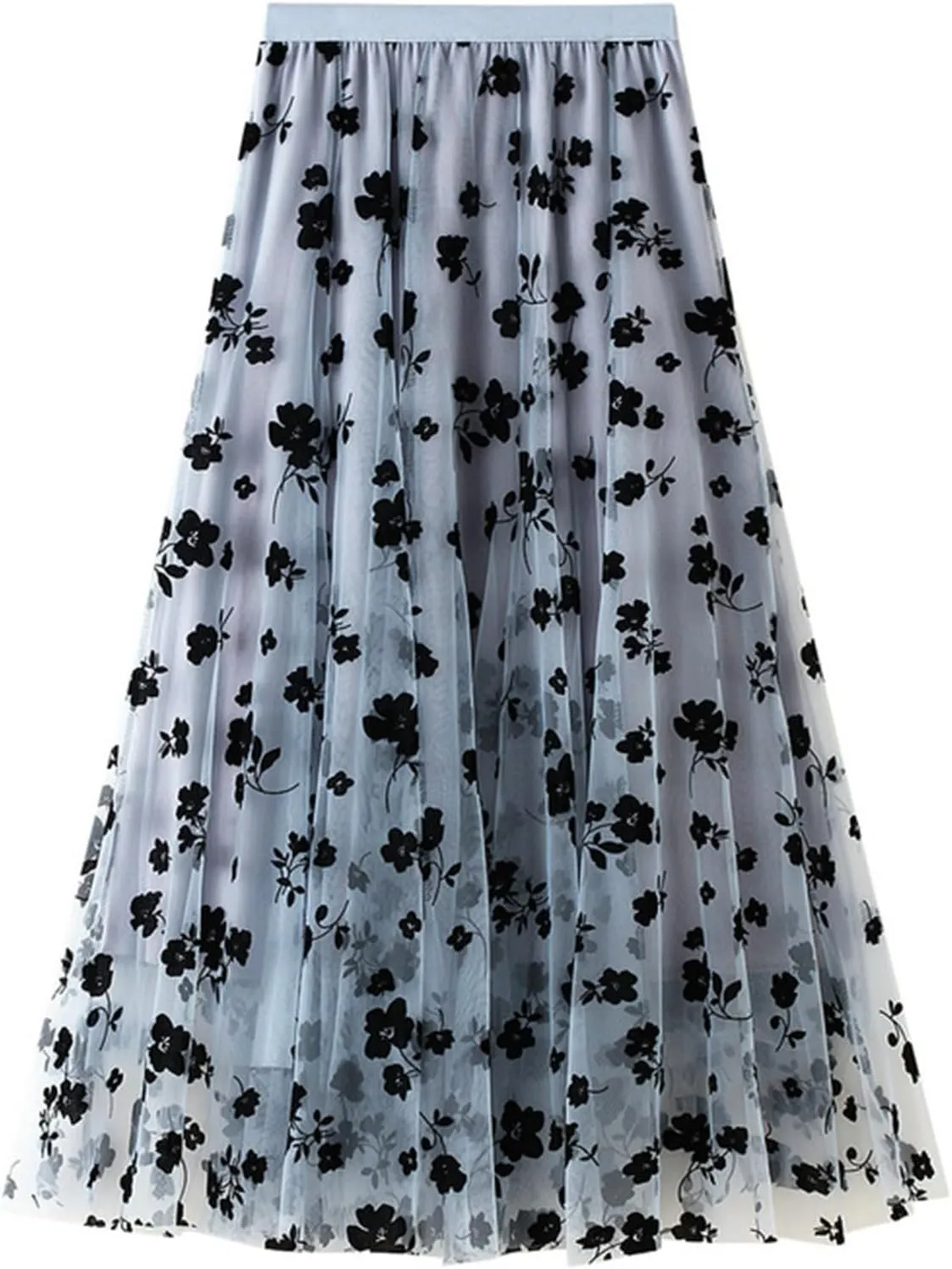 Women's Floral Embroidered Tulle Midi Skirt Elegant High Waisted A Line Layered Pleated Mesh Skirt