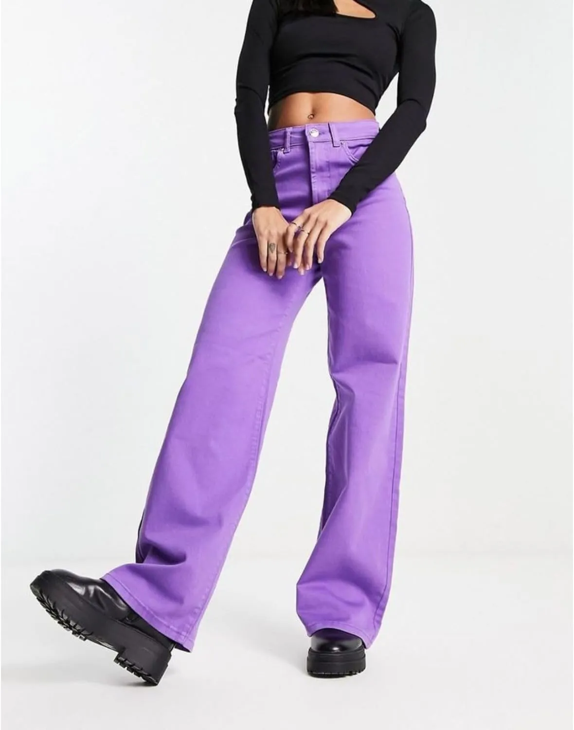 Women's High Rise Stretchable Wide Leg with Buttoned Closure Korean Style Lavender Jeans