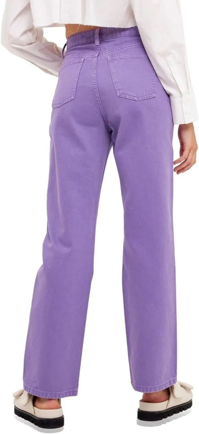 Women's High Rise Stretchable Wide Leg with Buttoned Closure Korean Style Lavender Jeans