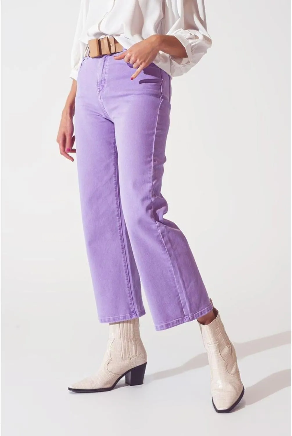 Women's High Rise Stretchable Wide Leg with Buttoned Closure Korean Style Lavender Jeans
