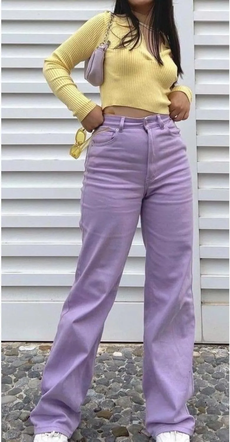 Women's High Rise Stretchable Wide Leg with Buttoned Closure Korean Style Lavender Jeans