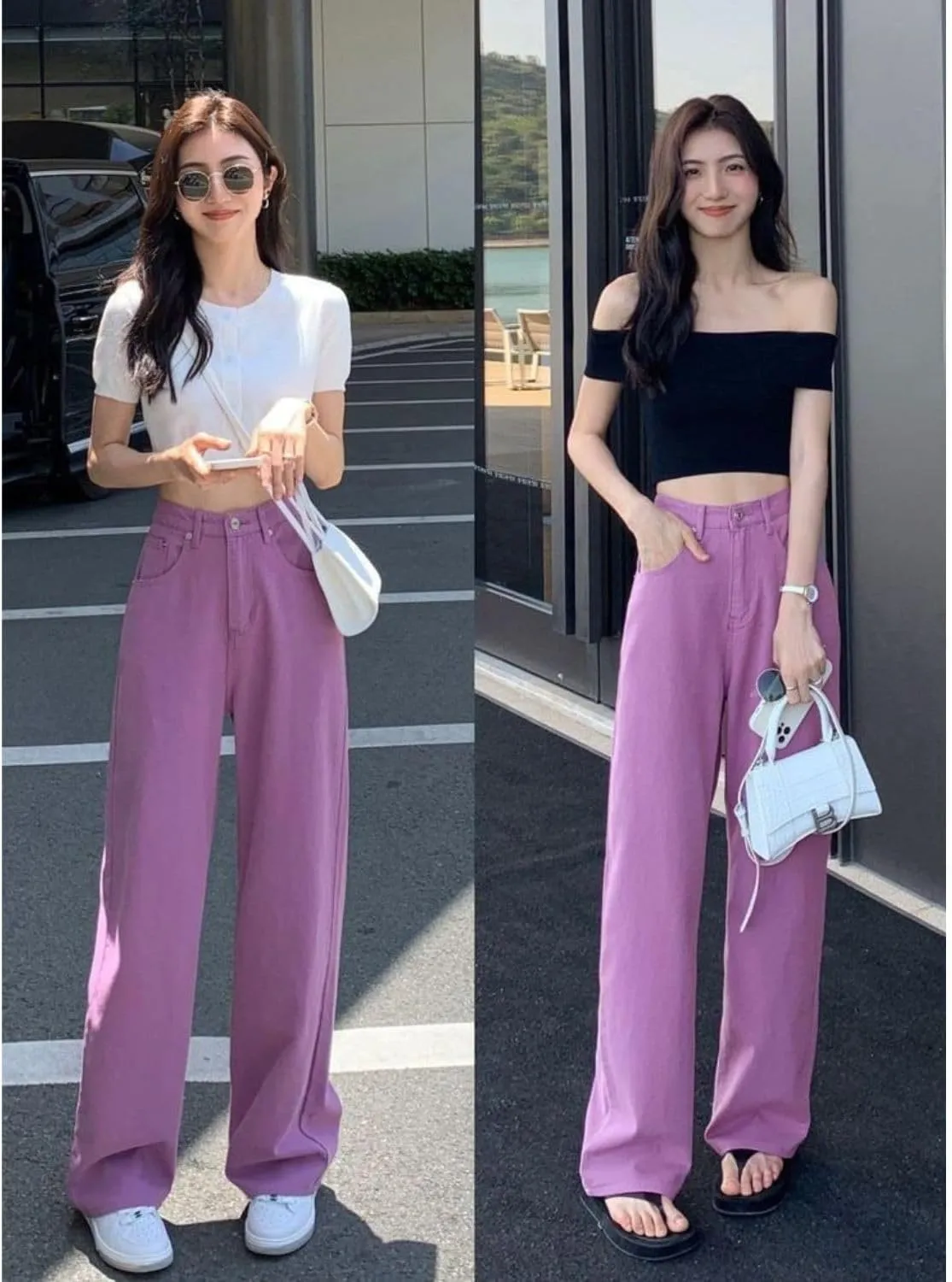 Women's High Rise Stretchable Wide Leg with Buttoned Closure Korean Style Lavender Jeans