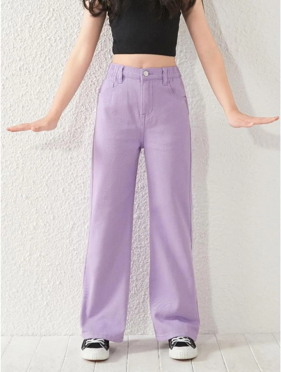 Women's High Rise Stretchable Wide Leg with Buttoned Closure Korean Style Lavender Jeans
