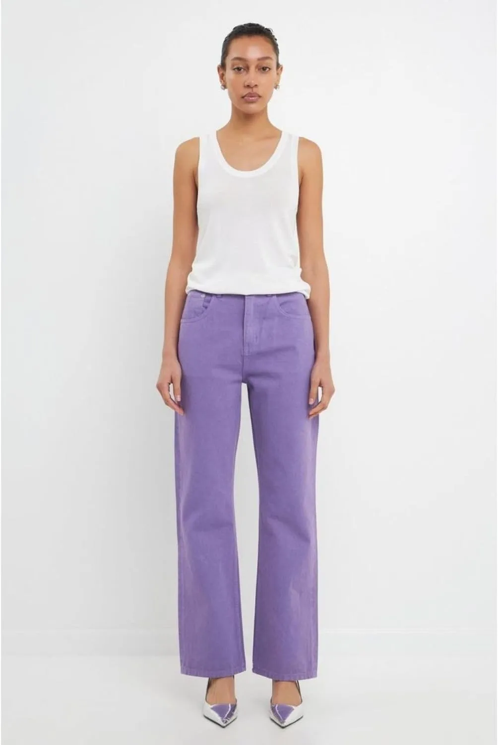 Women's High Rise Stretchable Wide Leg with Buttoned Closure Korean Style Lavender Jeans
